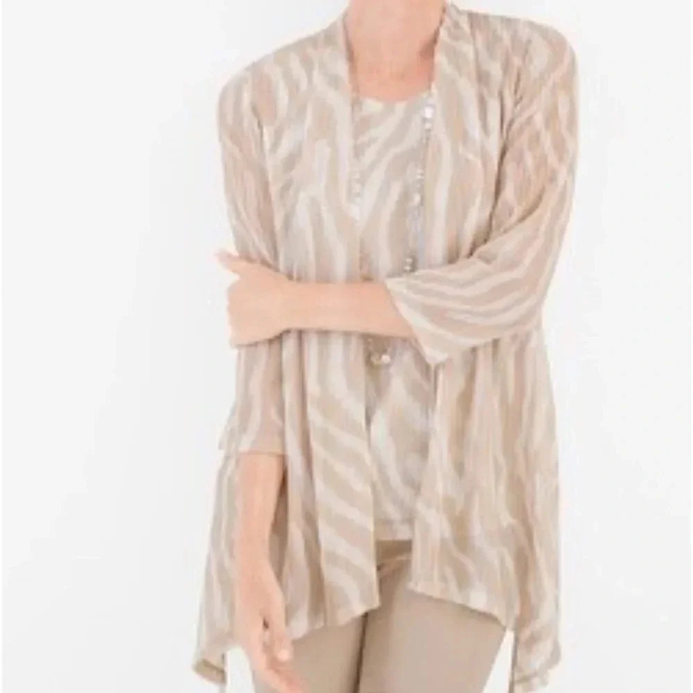 Chico’s Travelers Collection WheatMesh Open Front Cardigan Jacket Sonora Sand L
